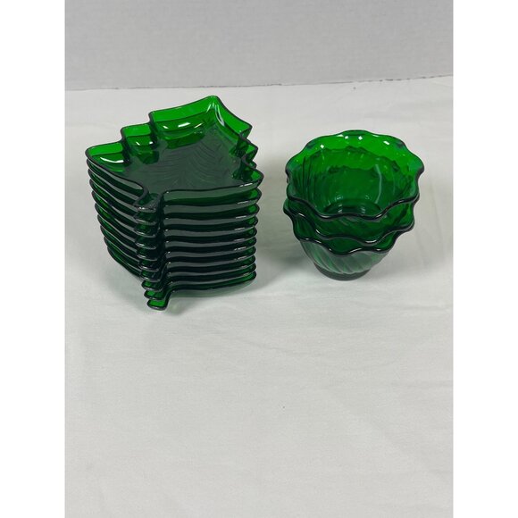 Green Holiday Christmas Tree Snack Candy Nut Dish Bowl Plastic 13 Pc Set Vintage - Picture 2 of 16